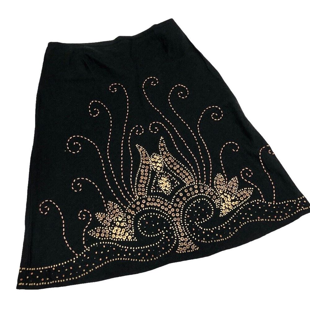 Beaded Black Linen Blend A-Line Skirt Willi Smith Knee Length Boho Size 8